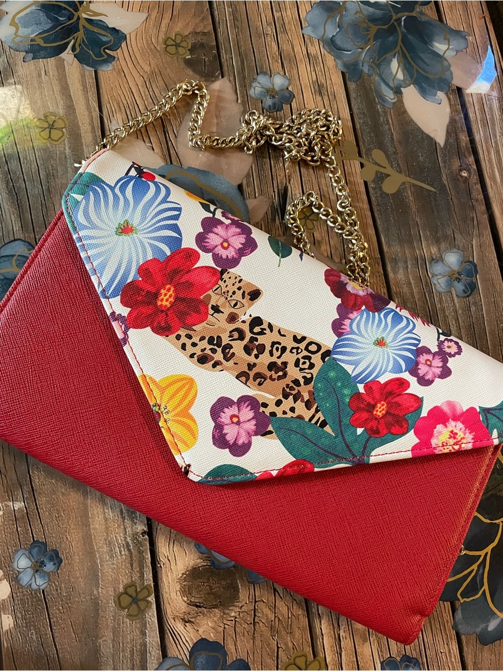 Floral Leopard Red Envelope Crossbody Bag
